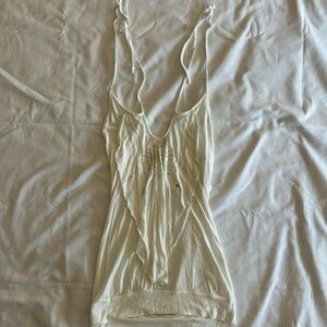 Y2K Sakura White Low Back Halter Neck 100% Rayon Ruffle Blouse Tank Top